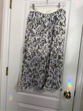 Floral Pleated Midi Skirt in White with Olive & Lavender Print